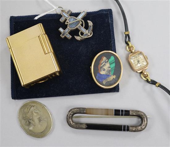 A Dupont lighter, two Scottish hardstone brooches, a lava brooch, a 9ct gold watch and a pietra dura brooch.